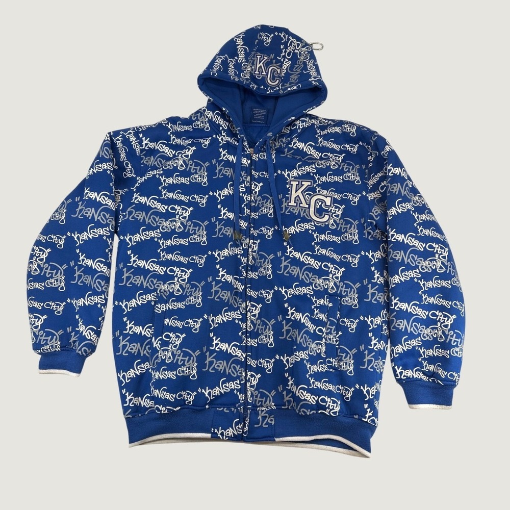 Kansas City Jacket Mens XL Blue Coat Hooded Graffiti Print Quilted KC Royals
